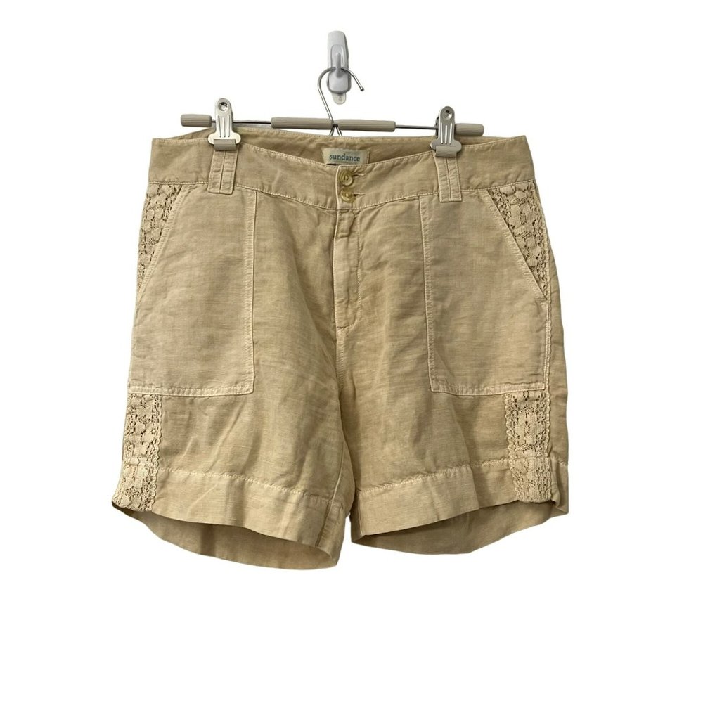 Sundance Khaki Beige Crochet Side Linen Blend Boho Beach Coastal Shorts Size 12